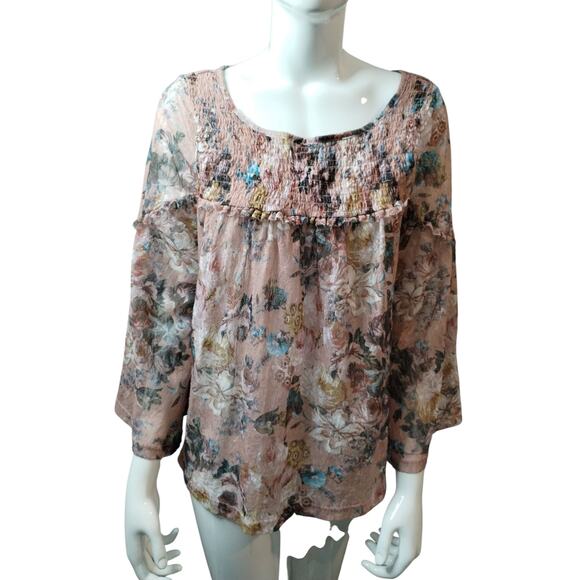 Anthropologie AKEMI+KIN Women's size M Floral Smocked Ruffle Bell Lacey Top - Picture 2 of 10